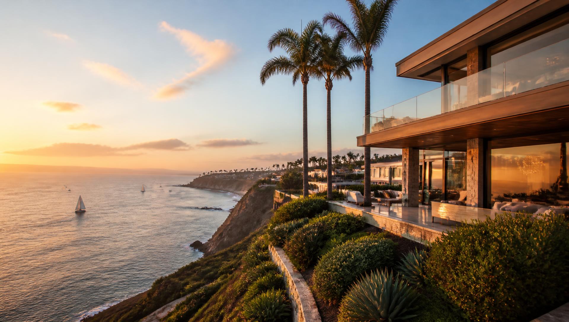 Bluff-top Corona del Mar home overlooking the Pacific Ocean at sunset